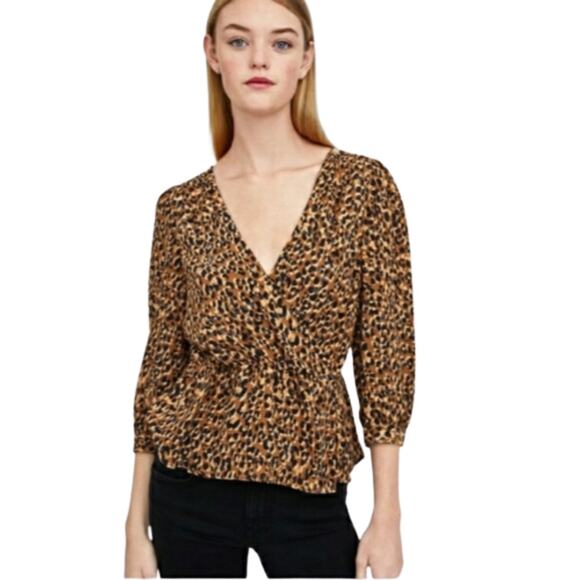 Zara Leopard Print Faux Wrap Blouse Size S - Picture 1 of 6